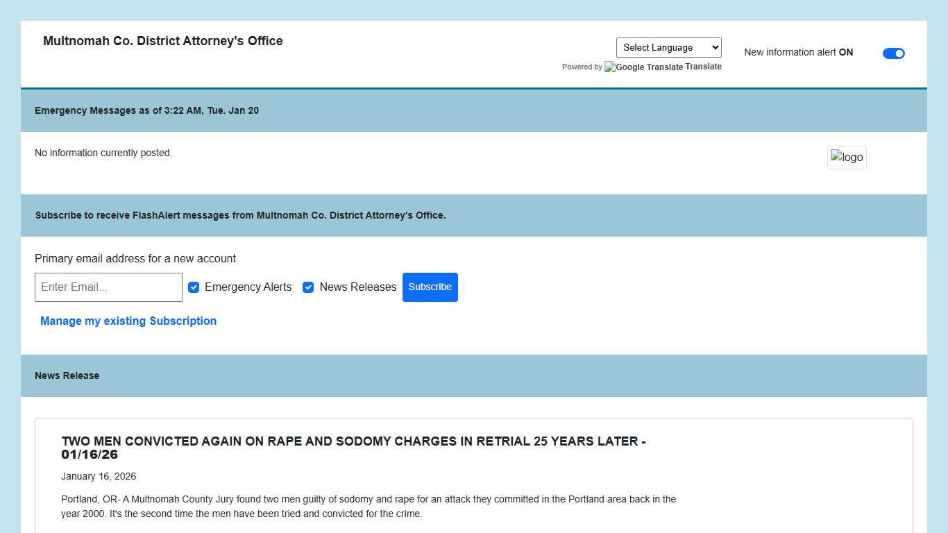 Multnomah Co. District Attorney's Office News via Flashalert.net