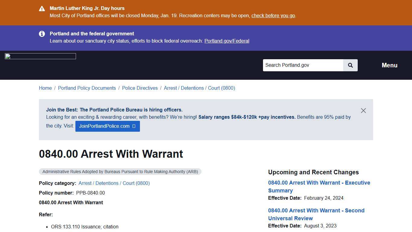 0840.00 Arrest With Warrant | Portland.gov