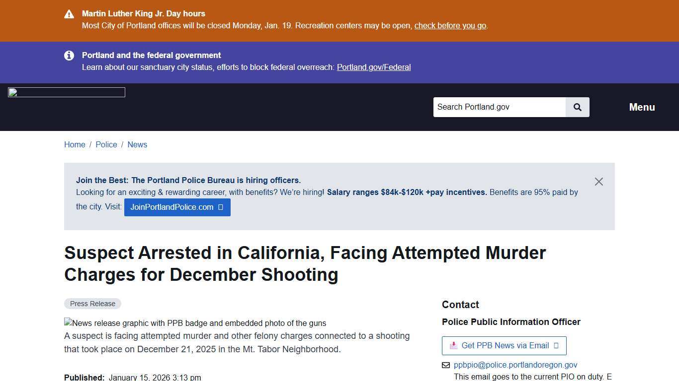 Suspect Arrested in California, Facing Attempted Murder Charges for December Shooting | Portland.gov